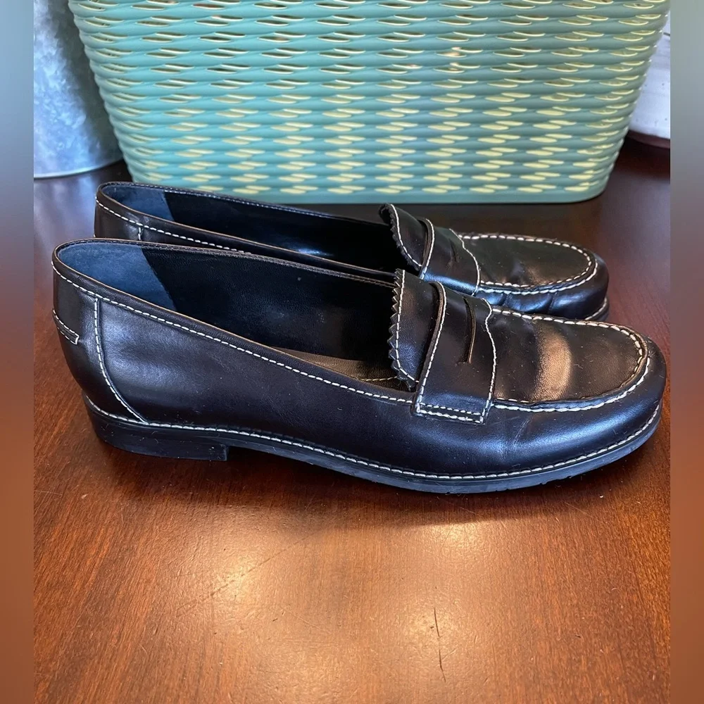 Franco Sarto Black Leather Loafers with White Stitching